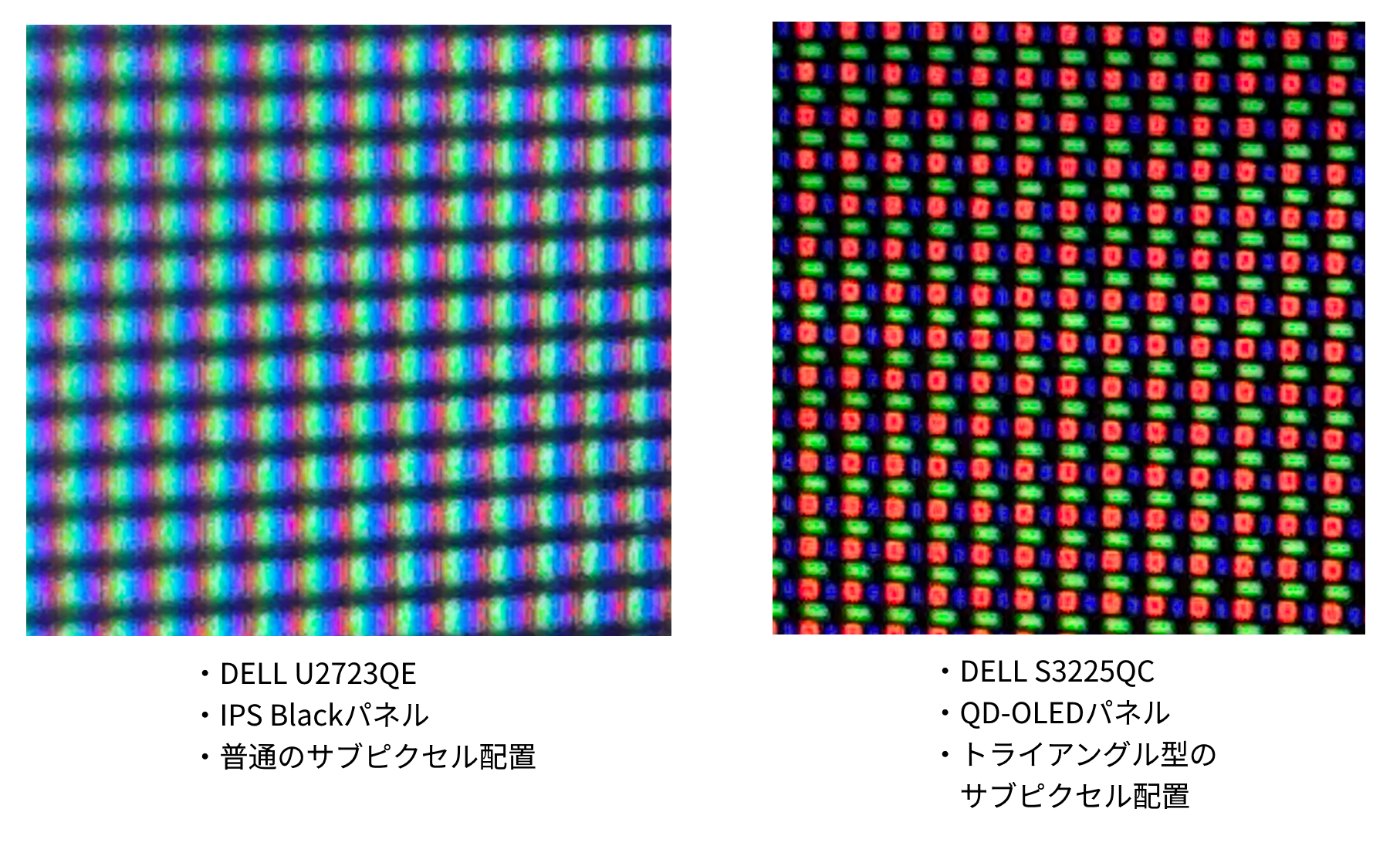 左側に通常のサブピクセル配置、右側にQD-OLEDのサブピクセル配置を示した図